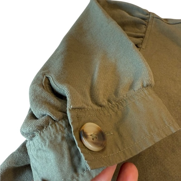 LOFT Olive Green Puff Sleeve Split Neck Sweatshirt Knee Length Dress Size Medium - Picture 4 of 16
